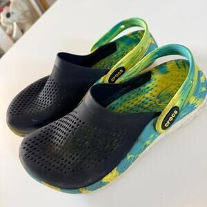 Crocs LiteRide Shoes Youth Size 6 Black Yellow Green Marble Clog Slip On Comfort